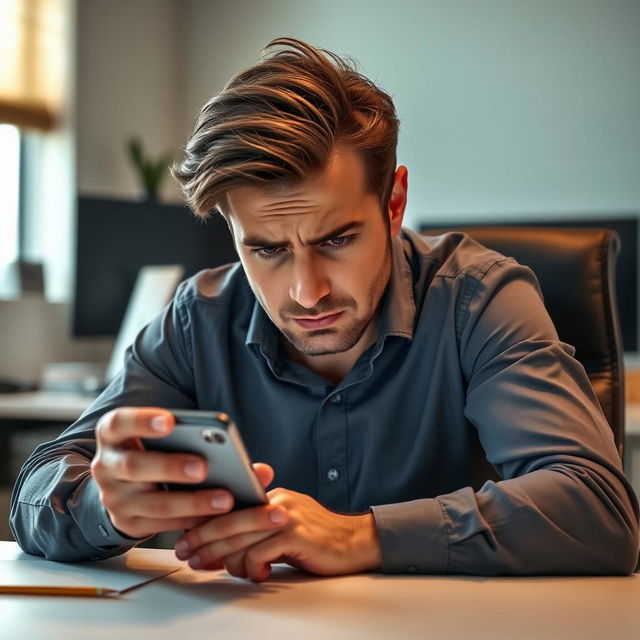 A person sitting at a desk, looking intently at their smartphone with an expression of concern and frustration