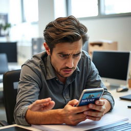 A person sitting at a desk, looking intently at their smartphone with an expression of concern and frustration