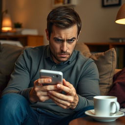 A man sitting on a couch, staring anxiously at his smartphone with a concerned and frustrated expression