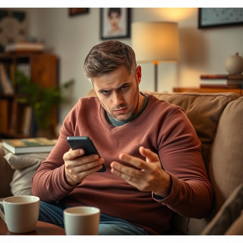 A man sitting on a couch, staring anxiously at his smartphone with a concerned and frustrated expression