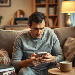 A man sitting on a couch, staring anxiously at his smartphone with a concerned and frustrated expression