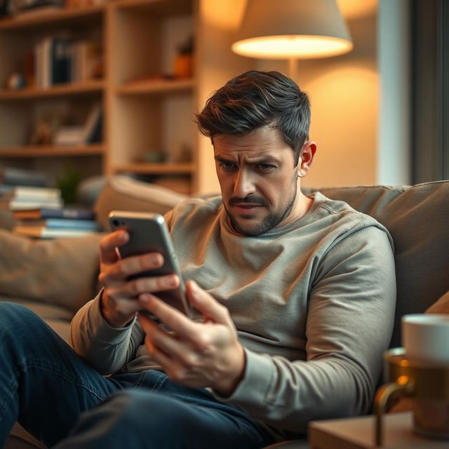 A man sitting on a couch, staring anxiously at his smartphone with a concerned and frustrated expression