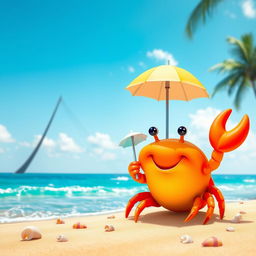 A joyful, vibrant crab with a bright orange shell and cheerful expression, sitting on a sandy beach with gentle waves lapping at the shore