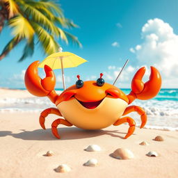 A joyful, vibrant crab with a bright orange shell and cheerful expression, sitting on a sandy beach with gentle waves lapping at the shore