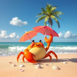 A joyful, vibrant crab with a bright orange shell and cheerful expression, sitting on a sandy beach with gentle waves lapping at the shore