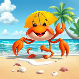 A joyful, vibrant crab with a bright orange shell and cheerful expression, sitting on a sandy beach with gentle waves lapping at the shore