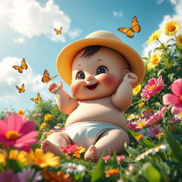 A whimsical scene depicting a giant baby gently playing in a vibrant, colorful garden filled with oversized flowers and lush greenery
