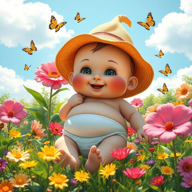 A whimsical scene depicting a giant baby gently playing in a vibrant, colorful garden filled with oversized flowers and lush greenery