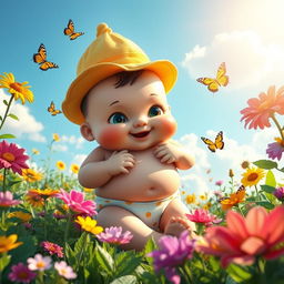 A whimsical scene depicting a giant baby gently playing in a vibrant, colorful garden filled with oversized flowers and lush greenery