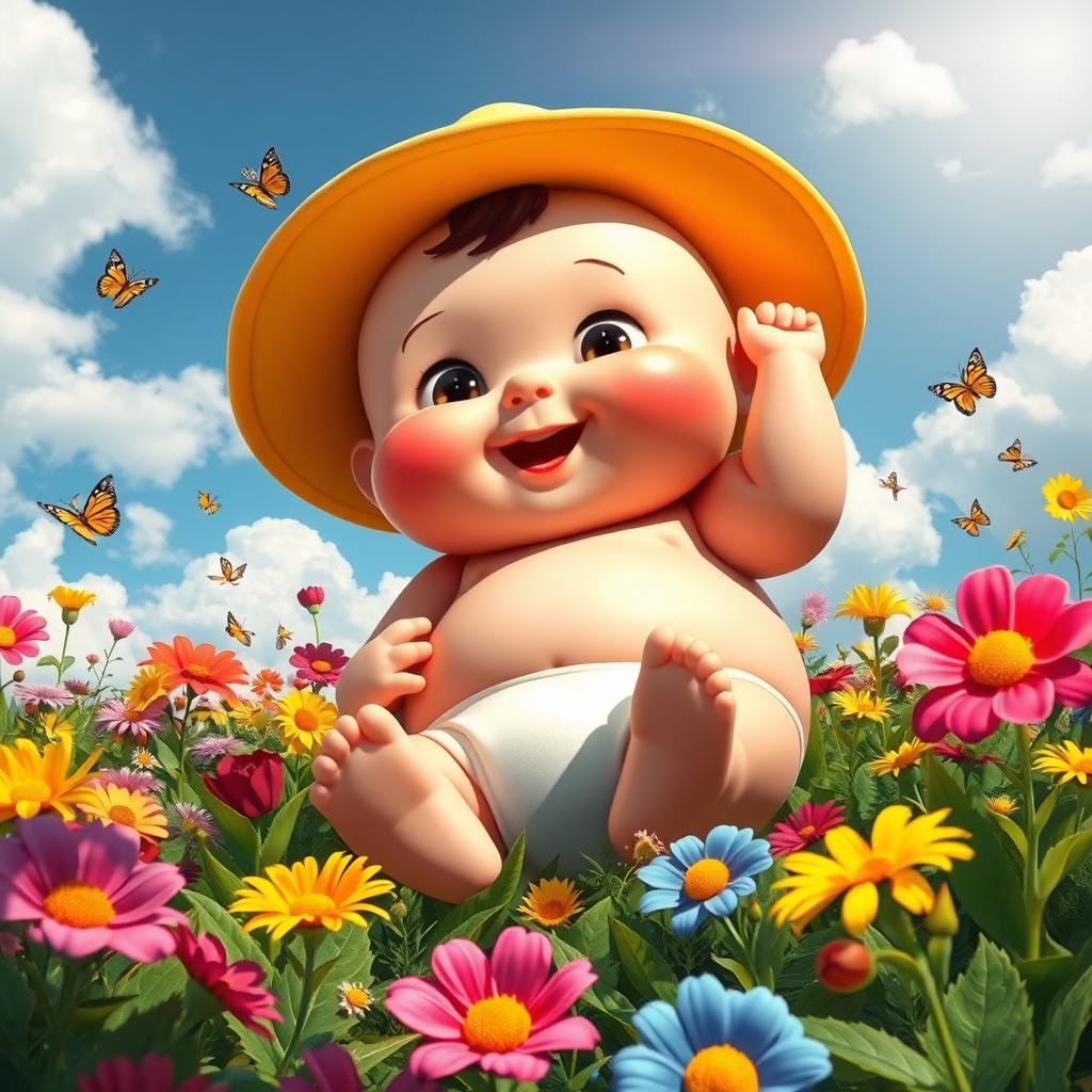 A whimsical scene depicting a giant baby gently playing in a vibrant, colorful garden filled with oversized flowers and lush greenery