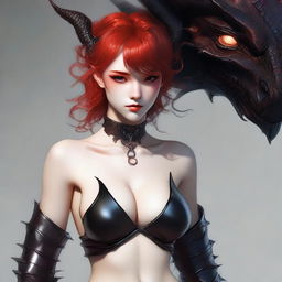 A high-quality digital art piece depicts a sensual and provocative dragon girl with fiery red hair, similar to the women in the reference images