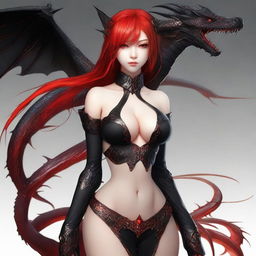 A high-quality digital art piece depicts a sensual and provocative dragon girl with fiery red hair, similar to the women in the reference images