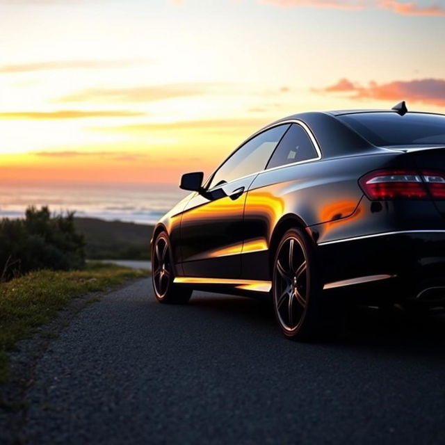 A sleek, black Mercedes-Benz E55 parked on a scenic coastal road during sunset