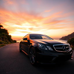 A sleek, black Mercedes-Benz E55 parked on a scenic coastal road during sunset