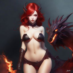 A high-quality digital art piece depicts a sensual and provocative dragon girl with fiery red hair, similar to the women in the reference images