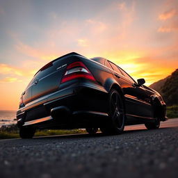 A sleek, black Mercedes-Benz E55 parked on a scenic coastal road during sunset
