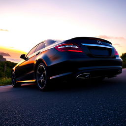 A sleek, black Mercedes-Benz E55 parked on a scenic coastal road during sunset