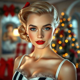 A young woman from the 1950s, elegant and sweet, set in a Christmas environment with a retro-futuristic design inspired by the 1950s