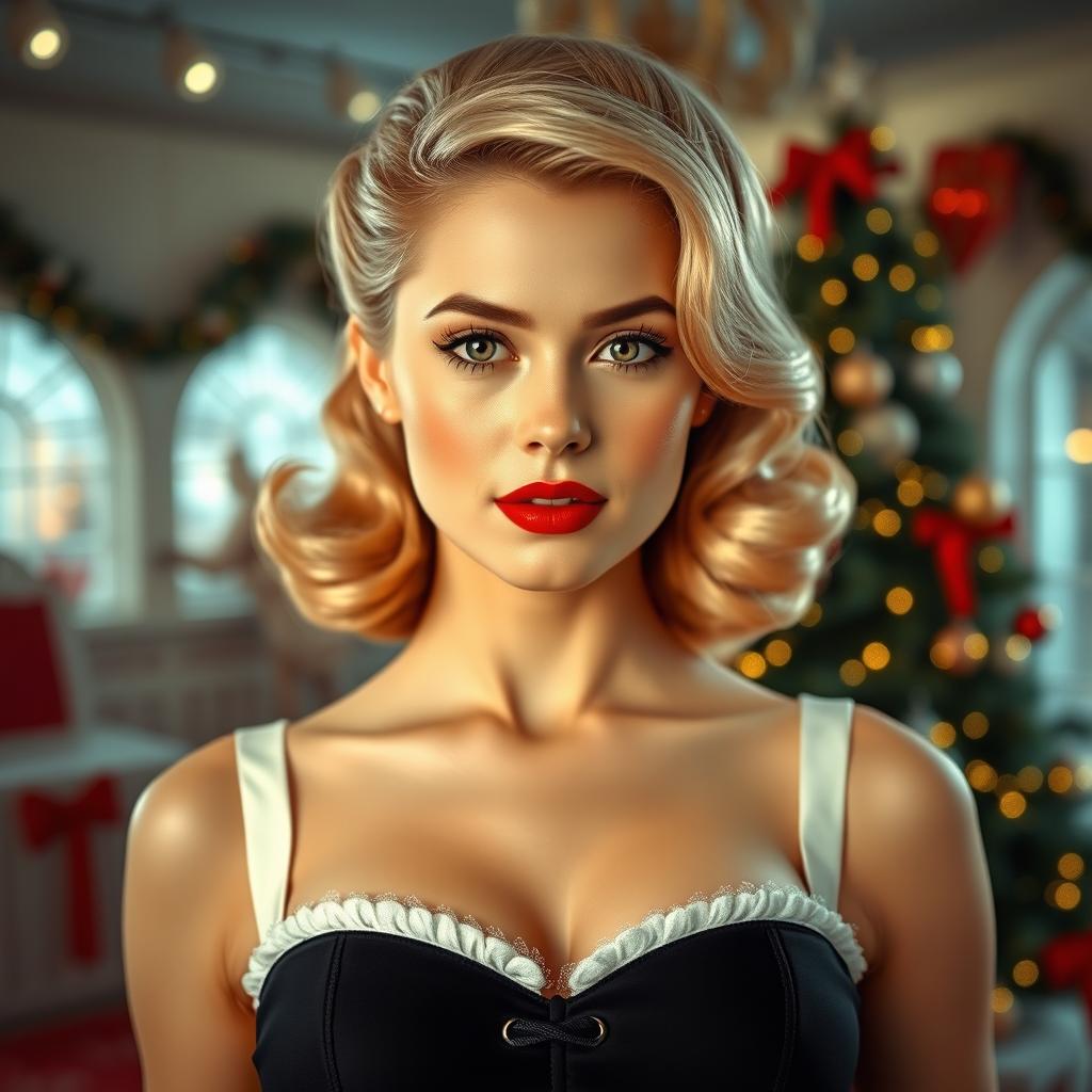 A young woman from the 1950s, elegant and sweet, set in a Christmas environment with a retro-futuristic design inspired by the 1950s