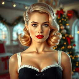 A young woman from the 1950s, elegant and sweet, set in a Christmas environment with a retro-futuristic design inspired by the 1950s