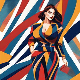 A high-quality digital art image of an attractive woman, dressed in a stylish outfit with bold stripes that accentuate her curvaceous figure