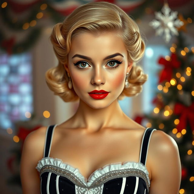 A young woman from the 1950s, elegant and sweet, set in a Christmas environment with a retro-futuristic design inspired by the 1950s