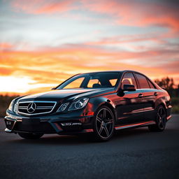 A sleek, black Mercedes-Benz E55 parked elegantly with a sunset background, highlighting its sporty curves and glossy finish