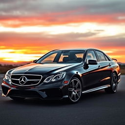 A sleek, black Mercedes-Benz E55 parked elegantly with a sunset background, highlighting its sporty curves and glossy finish