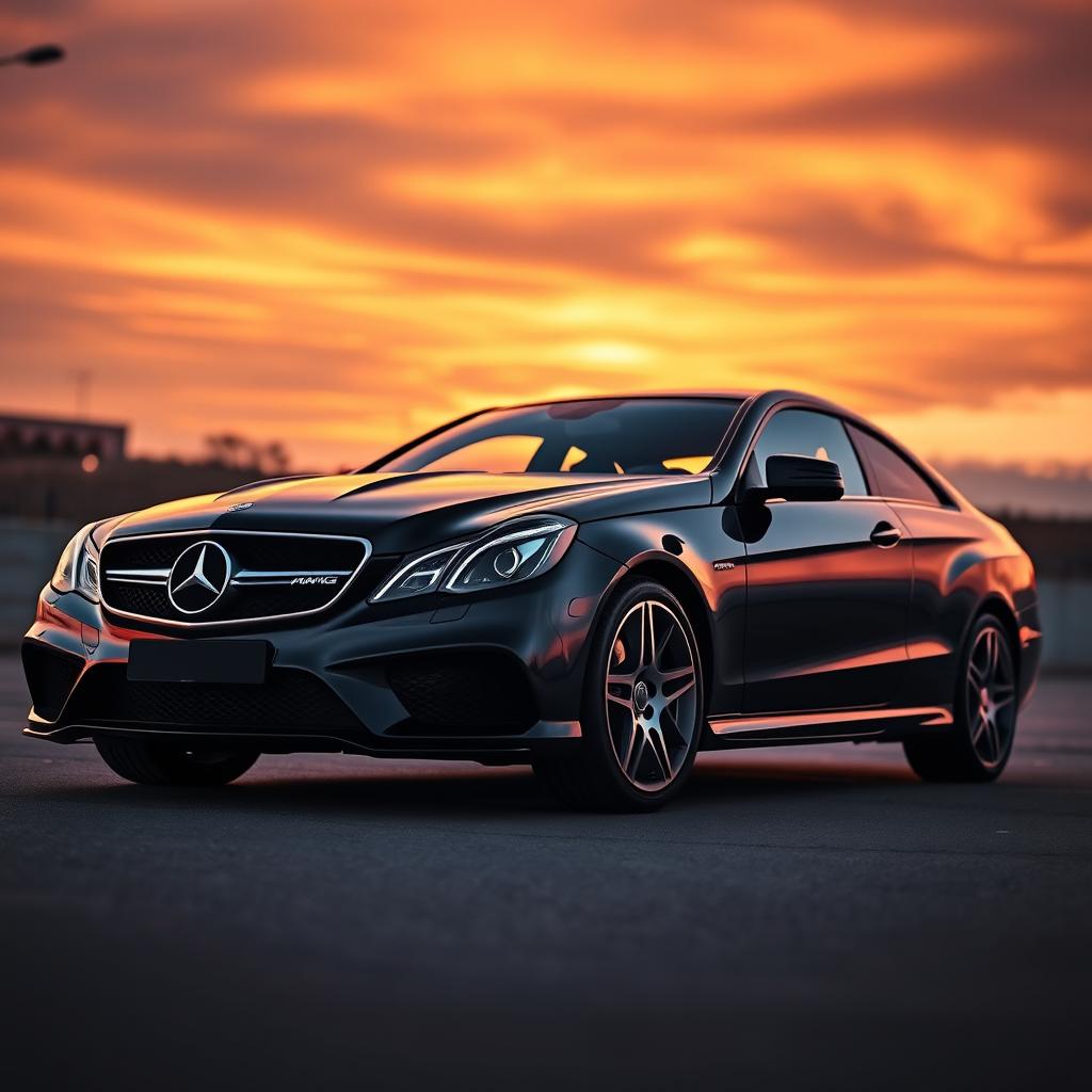 A sleek, black Mercedes-Benz E55 parked elegantly with a sunset background, highlighting its sporty curves and glossy finish