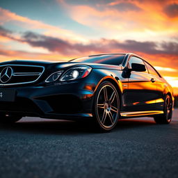 A sleek, black Mercedes-Benz E55 parked elegantly with a sunset background, highlighting its sporty curves and glossy finish