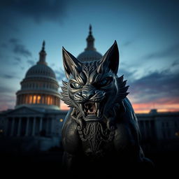 A hyper-realistic depiction of the Demon Cat statue located at the U