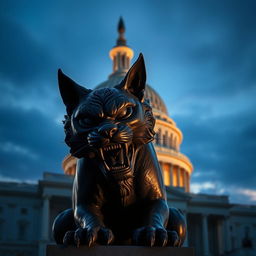 A hyper-realistic depiction of the Demon Cat statue located at the U