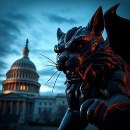 A hyper-realistic depiction of the Demon Cat statue located at the U