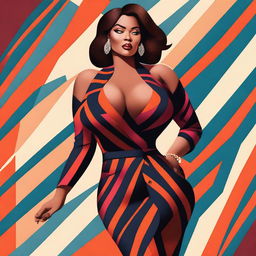 A high-quality digital art image of an attractive woman, dressed in a stylish outfit with bold stripes that accentuate her curvaceous figure