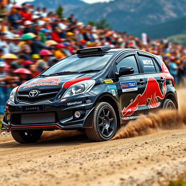 A sleek black 2008 Toyota Avanza designed in a World Rally Championship (WRC) style, featuring vibrant racing graphics, a sporty body kit, and enhanced aerodynamics