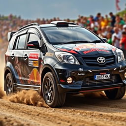 A sleek black 2008 Toyota Avanza designed in a World Rally Championship (WRC) style, featuring vibrant racing graphics, a sporty body kit, and enhanced aerodynamics