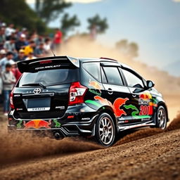 A sleek black 2008 Toyota Avanza designed in a World Rally Championship (WRC) style, featuring vibrant racing graphics, a sporty body kit, and enhanced aerodynamics