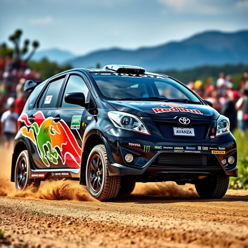 A sleek black 2008 Toyota Avanza designed in a World Rally Championship (WRC) style, featuring vibrant racing graphics, a sporty body kit, and enhanced aerodynamics