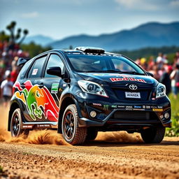 A sleek black 2008 Toyota Avanza designed in a World Rally Championship (WRC) style, featuring vibrant racing graphics, a sporty body kit, and enhanced aerodynamics