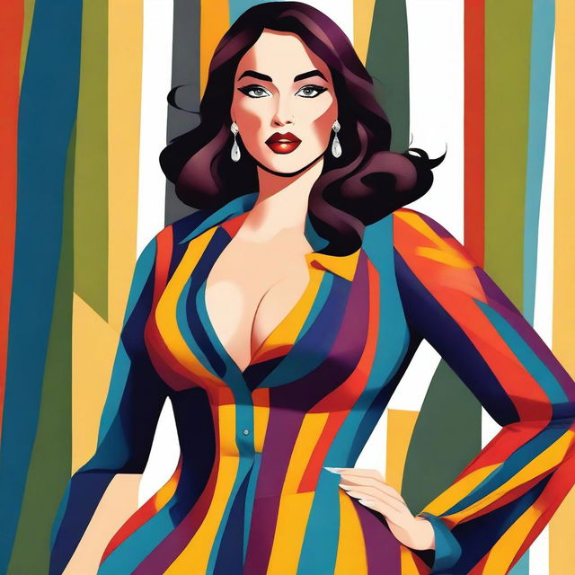 A high-quality digital art image of an attractive woman, dressed in a stylish outfit with bold stripes that accentuate her curvaceous figure