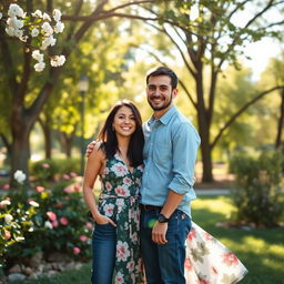 A vibrant outdoor scene featuring two people, a man and a woman, standing together and smiling in a sunny park