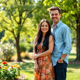 A vibrant outdoor scene featuring two people, a man and a woman, standing together and smiling in a sunny park