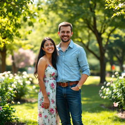A vibrant outdoor scene featuring two people, a man and a woman, standing together and smiling in a sunny park