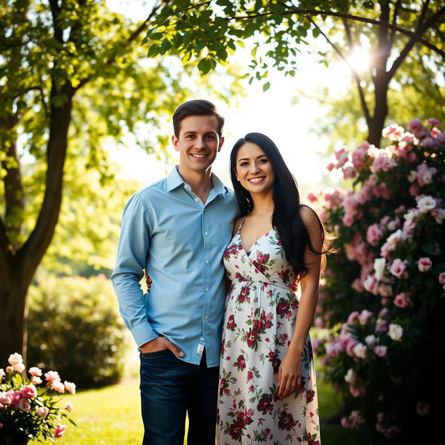 A vibrant outdoor scene featuring two people, a man and a woman, standing together and smiling in a sunny park