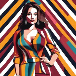 A high-quality digital art image of an attractive woman, dressed in a stylish outfit with bold stripes that accentuate her curvaceous figure