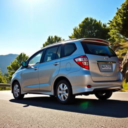 A bright, shiny 2008 Toyota Avanza parked on a scenic mountain road