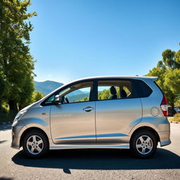 A bright, shiny 2008 Toyota Avanza parked on a scenic mountain road