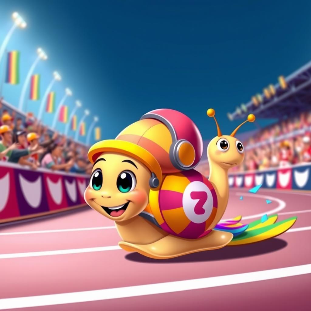 A cute, cartoon-style athlete snail with a bright, colorful racing jersey and a small helmet