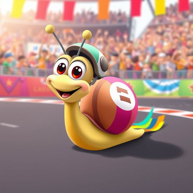 A cute, cartoon-style athlete snail with a bright, colorful racing jersey and a small helmet