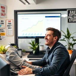A joyful man sitting at a desk, looking at his computer screen displaying an upward trending sales graph